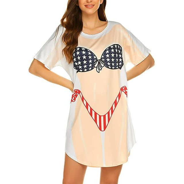Txlixc Vestido Casual de Verano para Mujer, Estampado de Bikini 3D Cuello Redondo Manga Corta Relax-Fit One Piece para Damas Txlixc Moda