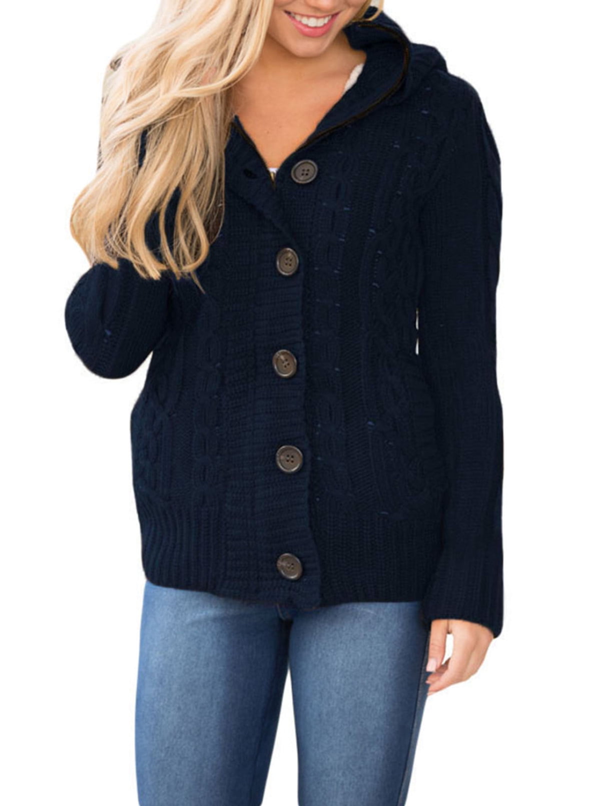 Aleumdr Womens Hooded Cardigans Casual Long Sleeve Button Up Cable Knit Sweater Coat Outwear with Pockets S-XXL
