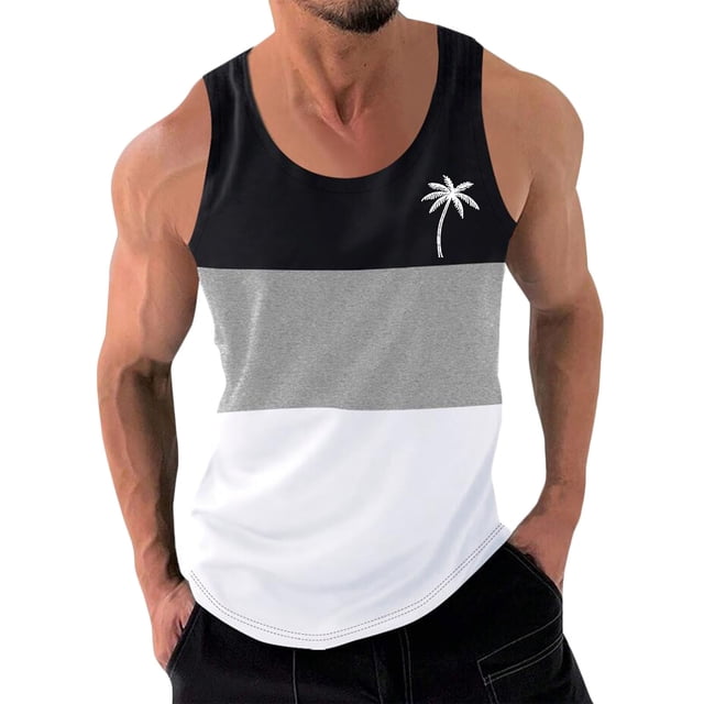 Tank Top for Men, Men Casual Fashion Patchwork Print Pullover Round Neck Sports Tank Tops