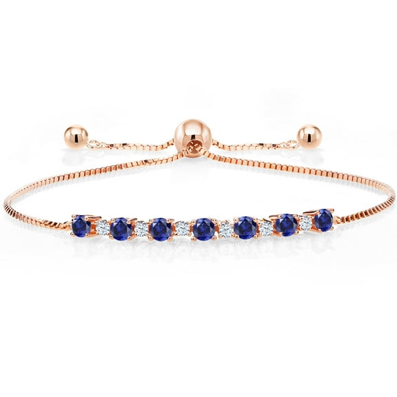 Gem Stone King 3.86 Ct Round Blue Created Sapphire 18K Rose Gold Plated Silver Adjustable Tennis Bracelet for Women up to 9 inch