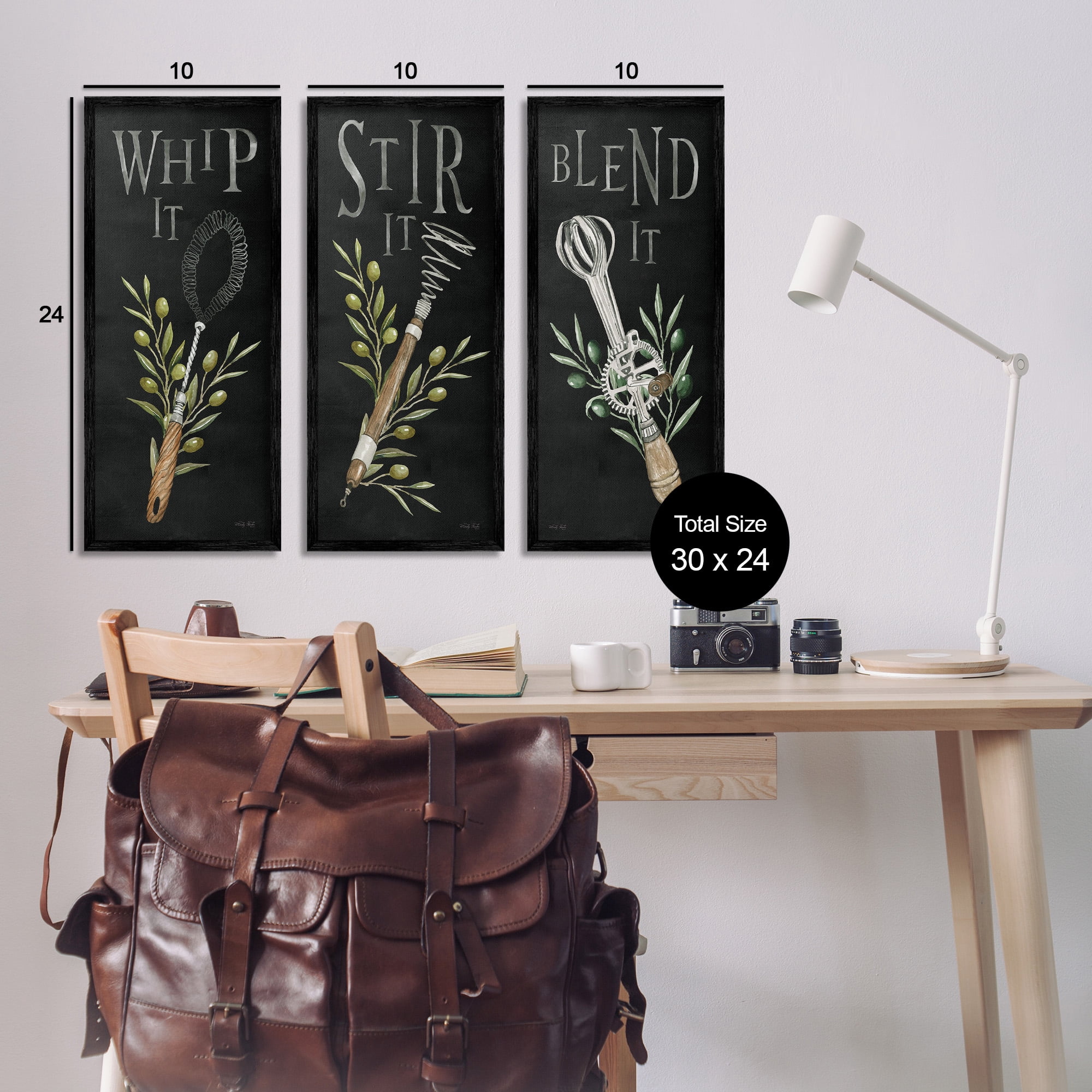 Stupell Industries Kitchen Utensils & Phrases Botanical & Floral Painting Black Framed Art Print Wall Art, 10 x 24, Set of 3