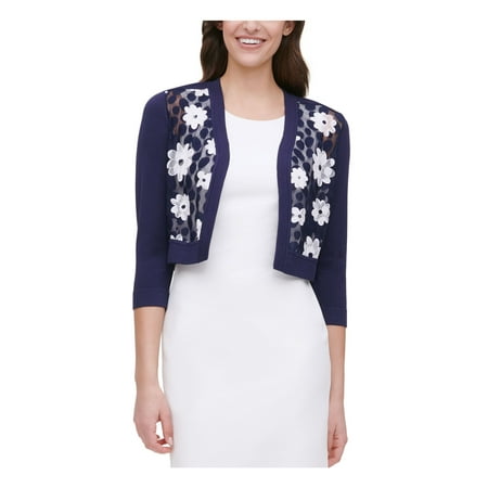 TOMMY HILFIGER Womens Navy Floral 3/4 Sleeve Open Cardigan Sweater Size: M