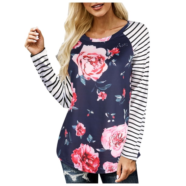 Mujer Verano Tallas grandes Casual Cuello redondo Suelto Impreso Manga larga Tops Mujer Blusa Fridja czfsfas1991