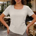 thumbnail image 2 of Garbnen Women's Square Neck T-Shirt Short Sleeve Ruched Side Casual Tee Basic Solid Color Top for Daily Wear Beige M, 2 of 8