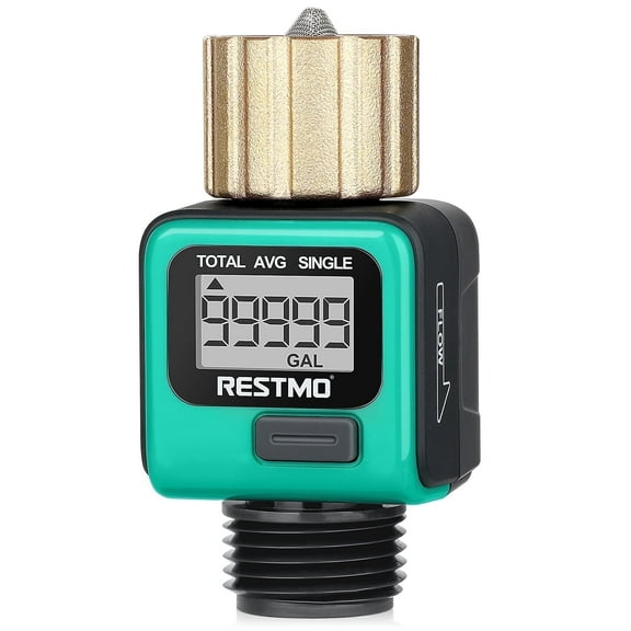 Restmo Heavy Duty Water Flow Meter with Brass Inlet & LCD Display for Garden Hose, RV Tank, Lawn Sprinkler