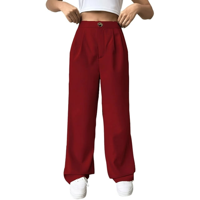 Chbgutlmr Dress Pants Women Pleated Straight Leg Work Pants Button High Waist Loose Formal Suit Trousers