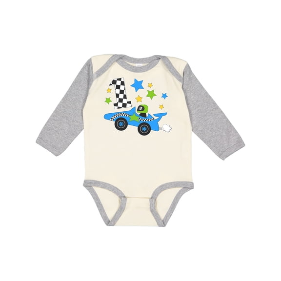 Inktastic Happy 1st Birthday Blue Racing Car Boys or Girls Long Sleeve Baby Bodysuit