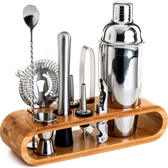 INNOTECH SC 10-Piece Bartender Kit with Bamboo Stand  Stainless Steel Cocktail Shaker Set with Recipe Book & Gift Box, Leak-Proof Bar Tools Set for Home Bar, Mixology Kit Gift for Men & Women