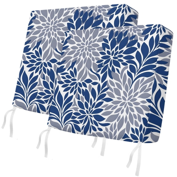 Chrysanthemum 2 Pcs Patio Cushion Covers, Rustic Boho Navy Blue Floral Petal Layered Leaf Waterproof Outdoor Cushion Cover, Replacement Washable Sofa Chair Seat Cover with Zipper 20"x18"x4"