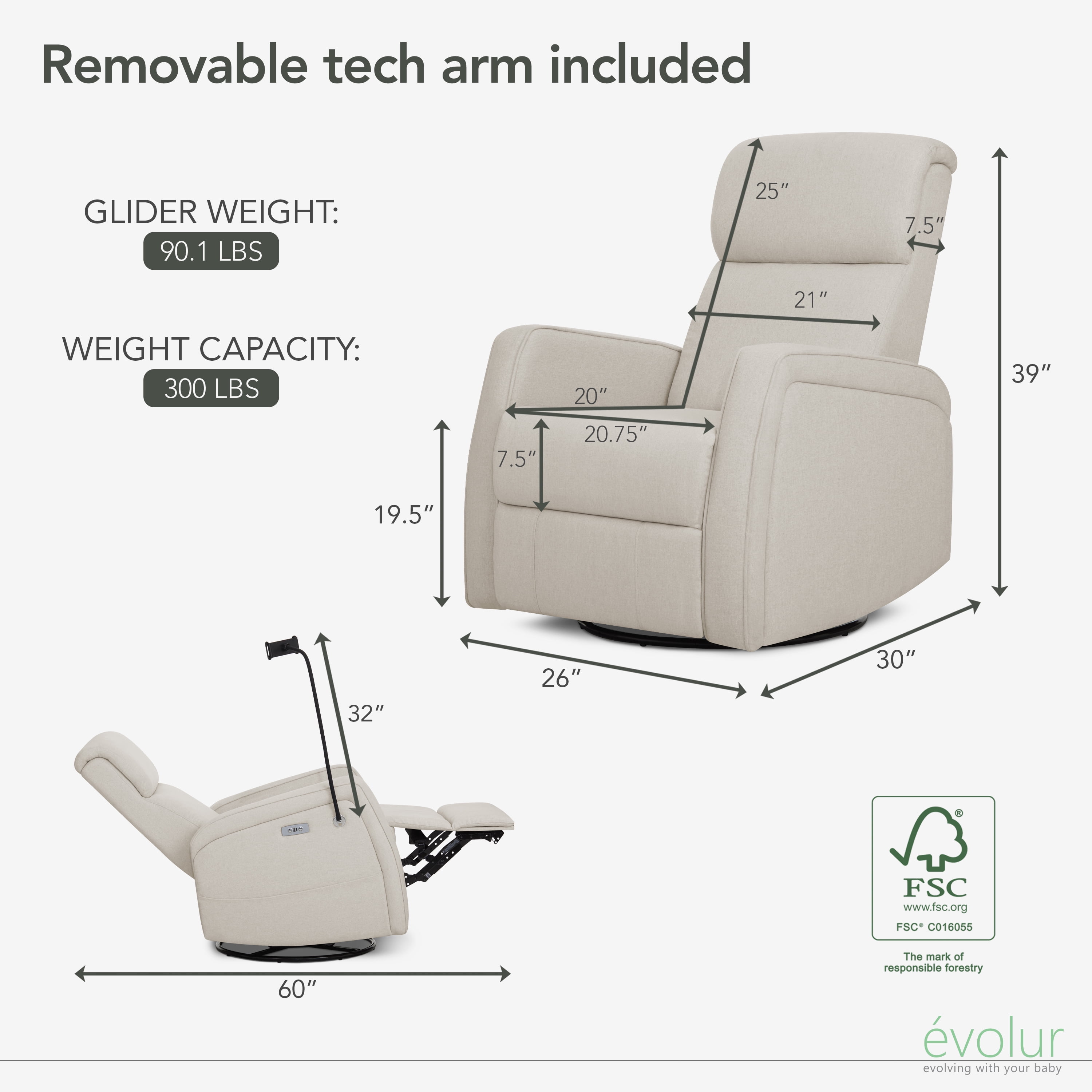 Buybuy BABY by Evolur Maverick Power Recline Glider with Device Holder, Light Sand