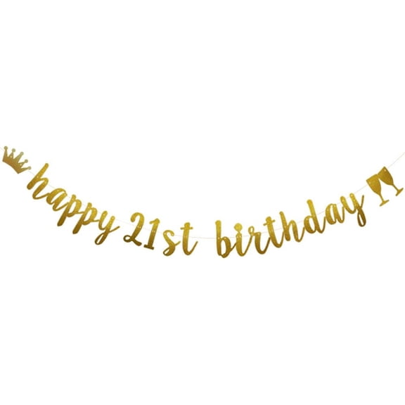 Happy 21st Birthday Banner, Pre-Strung, Black Glitter Paper Banner for 21st Birthday Party Decorations Supplies, No Assembly Required,Letters Gold,