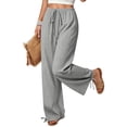 thumbnail image 4 of Wide Leg Linen Pants for Women Casual Drawstring Palazzo Pants Summer Vacation Beach Flowy Trousers with Pockets, L, 4 of 7