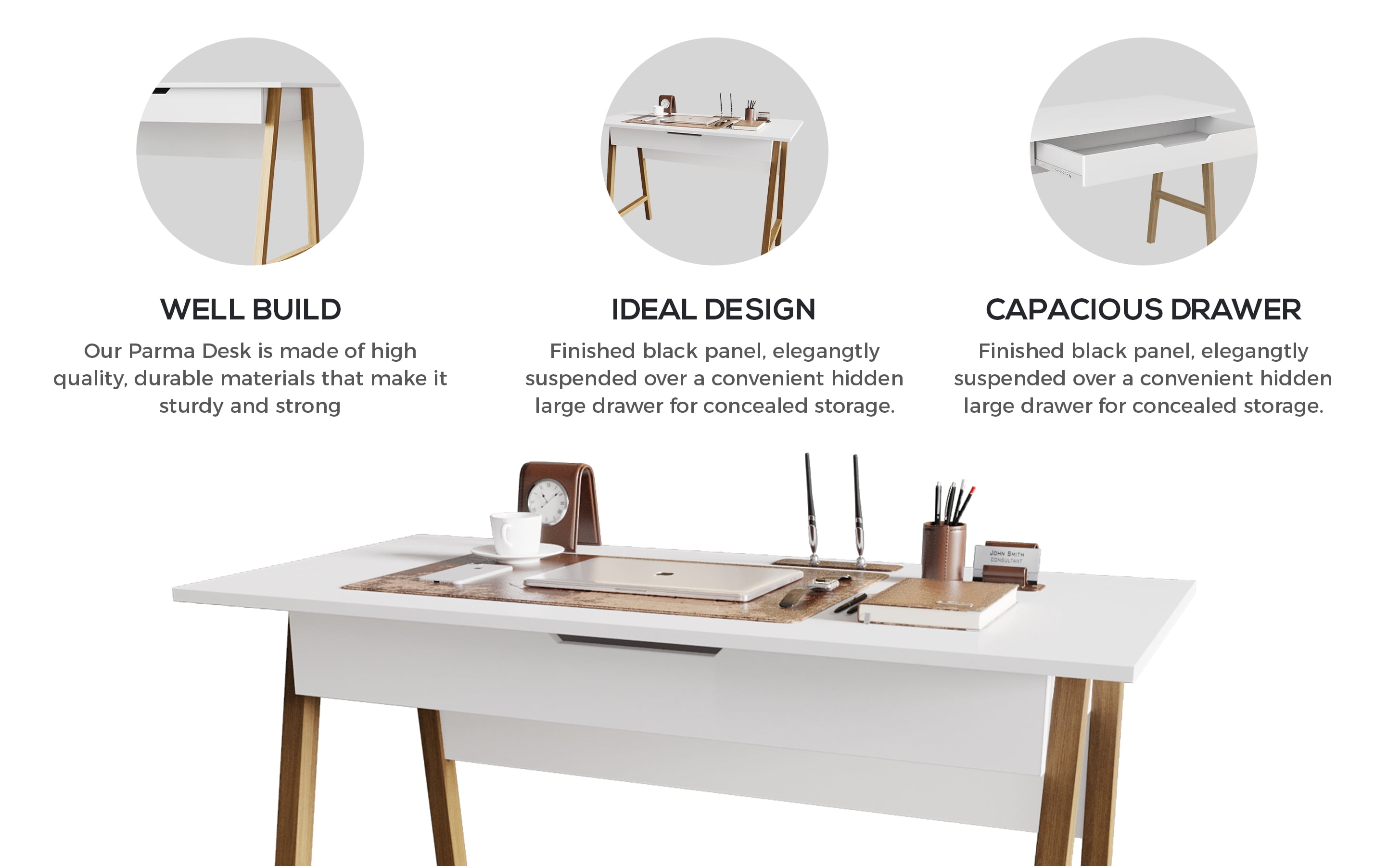 Modern Designs by Crafts and Comfort Parma 42 Inch Home Office Desk Small Computer Desk with Wide Drawer - Great for use as Workstation and Writing for Students in Bedroom or Dormroom - White
