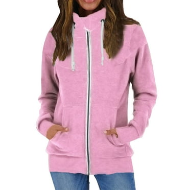 Pink Women's Long Sleeve Drawstring Zip-Up Sweatshirt Jacket with Stand Collar and Pocket - Outwear for Work - Size L