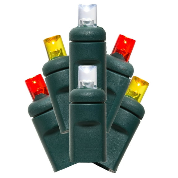 Vickerman 70 Red-Pure White-Yellow Wide Angle LED light on Green Wire, 35' Light Strand.