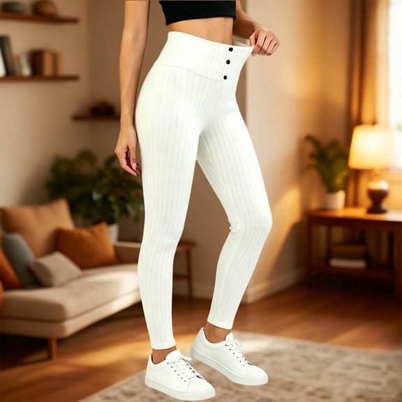 JOANKDMI High Waisted Ribbed Leggings for Women with Button Detail Tummy Control Seamless Yoga Pants Slim Fit Stretchy Workout Athletic Tights for Gym Activewear