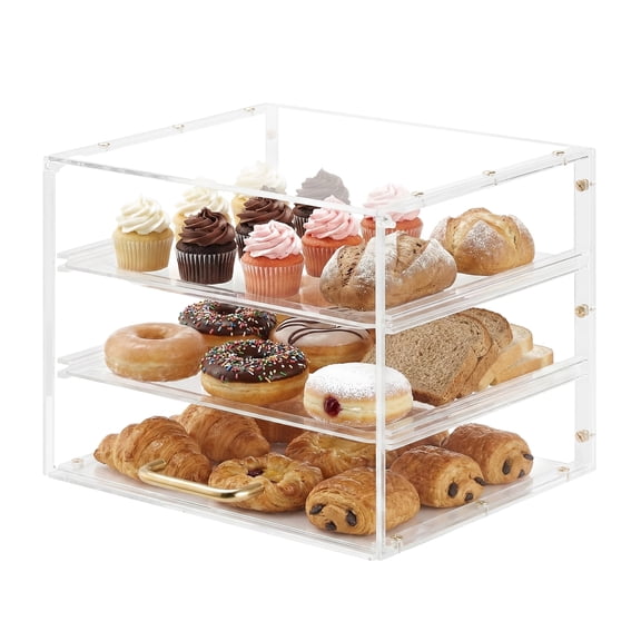 KFFKFF 3-Tier Countertop Pastry Display Case, Clear Acrylic Bakery Cabinet with Flip-Up Door for Bread, Cookies, Desserts, and Donuts, 13" x 10.2" x 10.2"