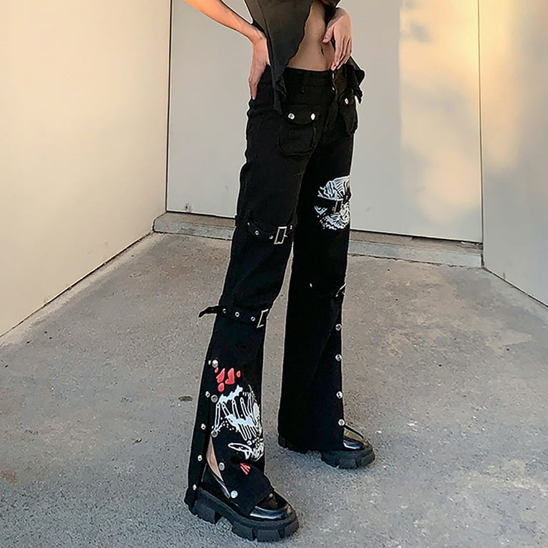 YYDGH Women's Goth Baggy Jeans Wide Leg E-Girl Grunge Gothic Pants Harajuku  Y2k Tripp Pants Punk Streetwear Black XL 