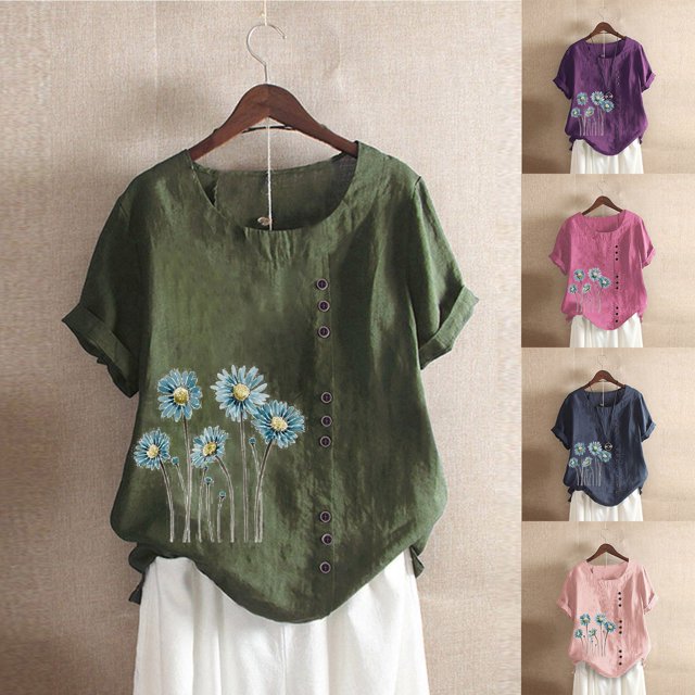 Fiudx Camisas para Mujer Camiseta de Verano con Cuello Redondo y Manga Corta para Mujer, Informal, con Botones Impresos