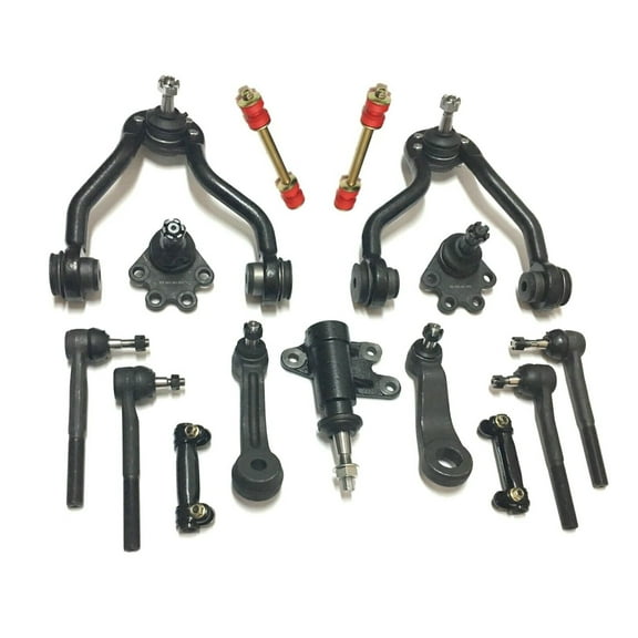 14 Pc Front Suspension Kit Adjusting Sleeves Inner & Outer Tie Rod Ends Lower Ball Joints (Bolt On Types) Idler & Pitman Arms Idler Arm Bracket Assembly Sway Bars Control Arms