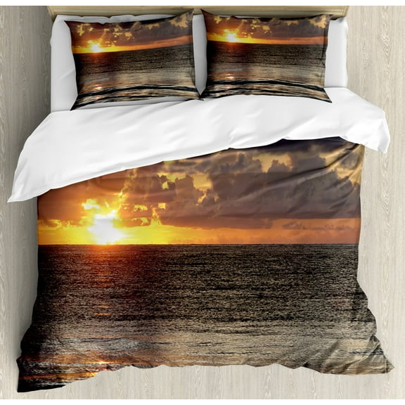 Beach Duvet Cover Set King Size, Dramatic Sunrise in Cancun Cloudscape Skyline Calm Ocean Coastal Picture, Decorative 3 Piece Bedding Set with 2 Pillow Shams, Bluegrey Yellow Orange, by Ambesonne