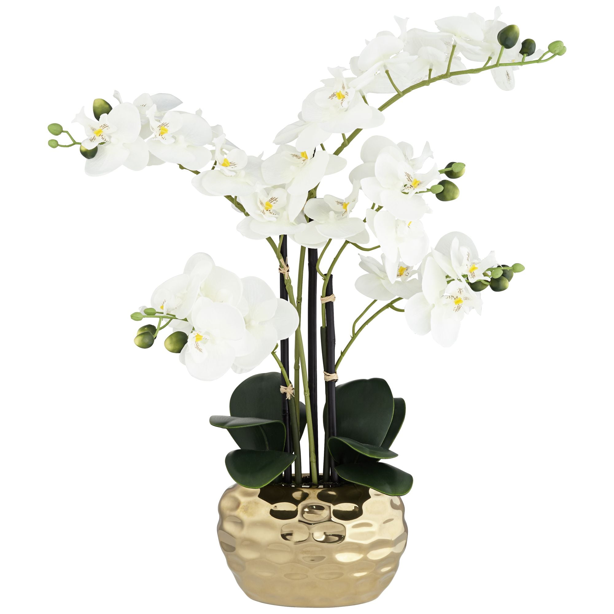 Dahlia Studios Potted Faux Artificial Flowers Realistic White Phalaenopsis Orchid in Gold Ceramic Pot Home Decoration 23" High