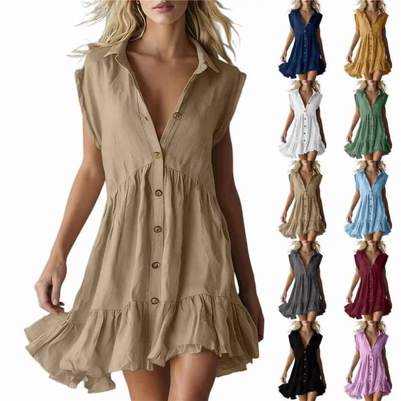 Horkkom Beach Dresses for Women Summer Collar Button Shirt Dresses Casual Mini Sleeveless Sundresses L