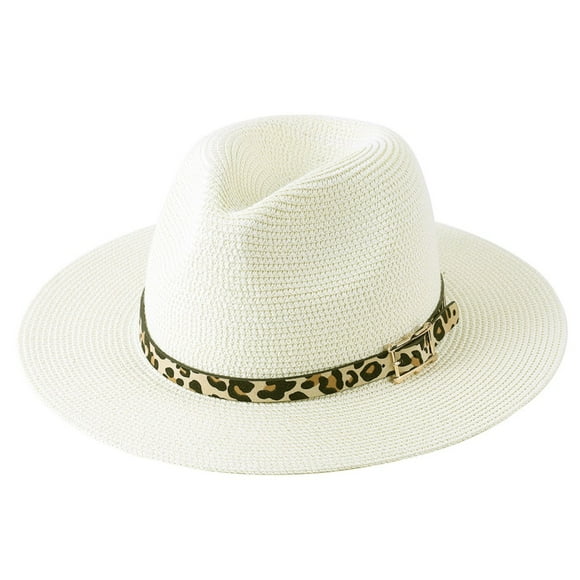 Kmbangi Men Women Straw Fedora Hat Wide Brim Beach Hat with Leopard Belt