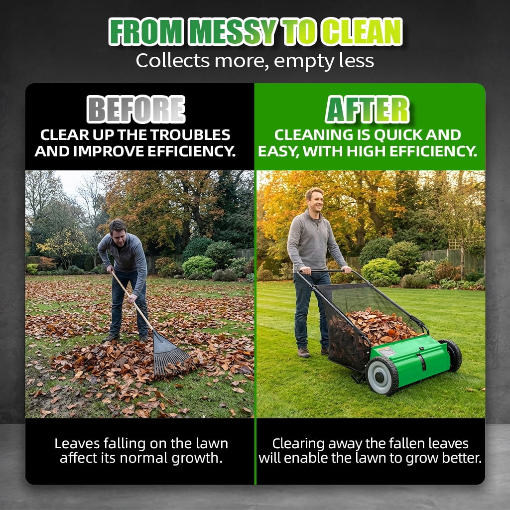 26" Push Lawn Sweeper, 7 cu.ft Large Capacity Yard Sweeper Push, Leaf Collector with Detachable Hopper, Rubber Wheels, Ergonomic Handle for Lawns, Yards & Gardens,Adjustable Height