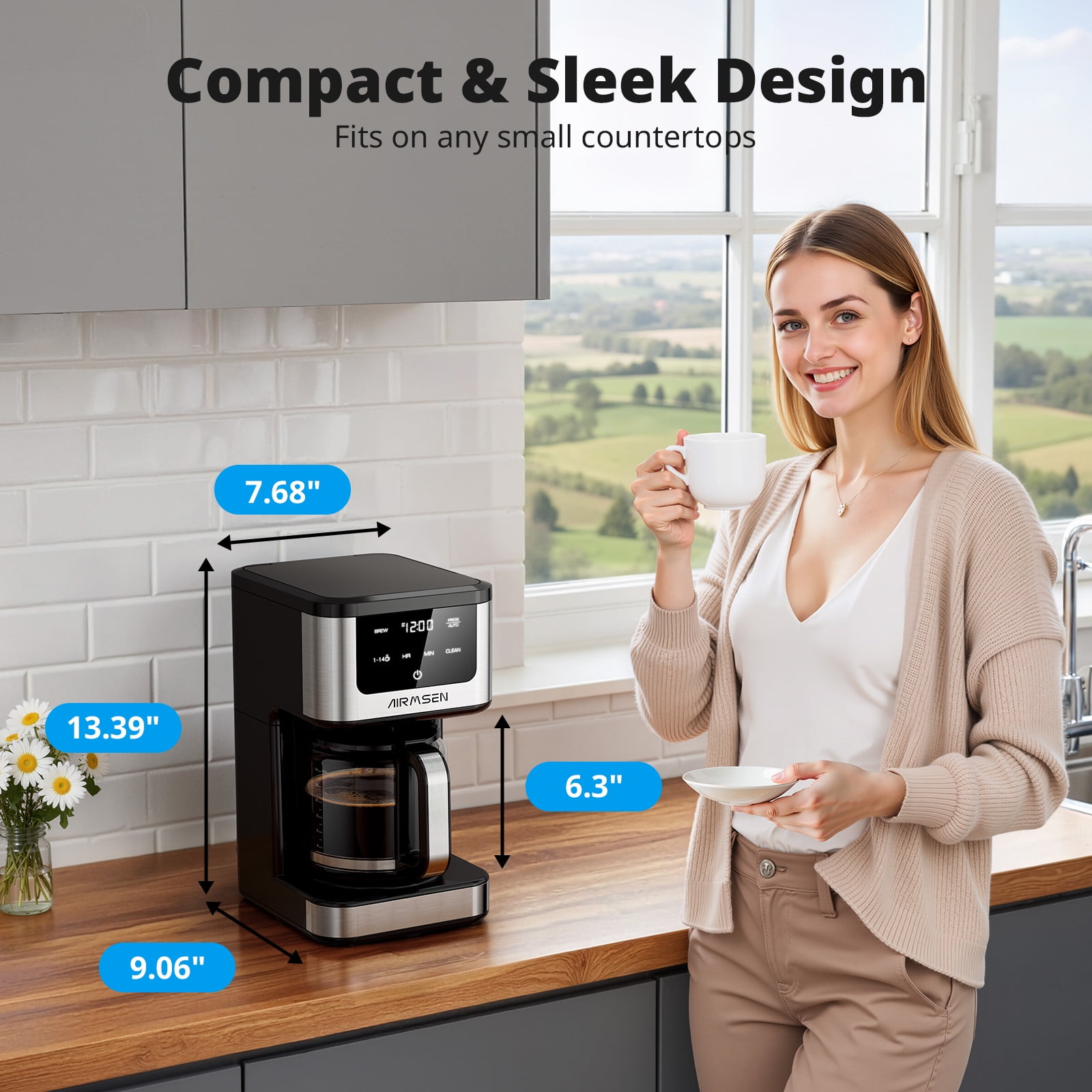 AIRMSEN 14-Cup Coffee Maker with Adjustable Brew Sizes, Programmable Coffee Machine with 71oz Glass Carafe, Drip Coffee Pot, 2-Hour Keep Warm, Auto-off