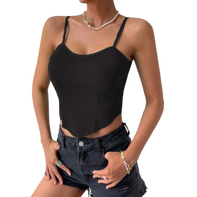 Camiseta sin mangas de punto con tirantes finos, camisola de punto acanalado para mujer, camiseta sin mangas de punto acanalado de corte entallado, camisola de corte entallado de calidad profesional