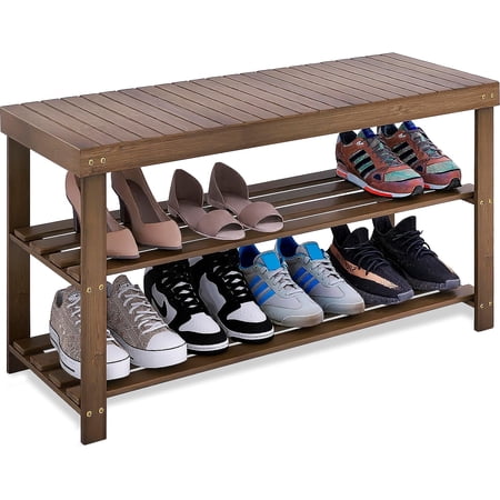 Bamboo Shoe Rack Bench, 3-Tier Shoe Organizer Storage Shelf for Entryway Hallway Bathroom Living Room (Walnut)