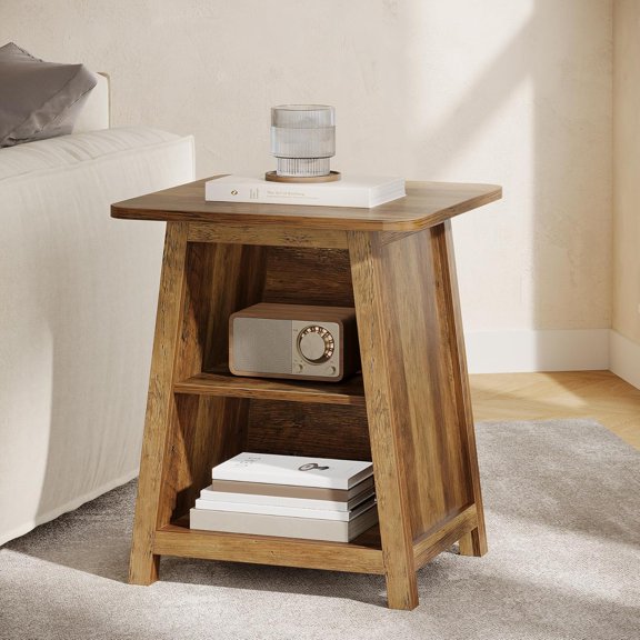 Tribesigns 3-Tier Nightstand with Storage Shelves, 21.65" Rustic Wooden Bedside Table with Closed Back, Farmhouse End Table for Small Spaces, Easy to Assemble
