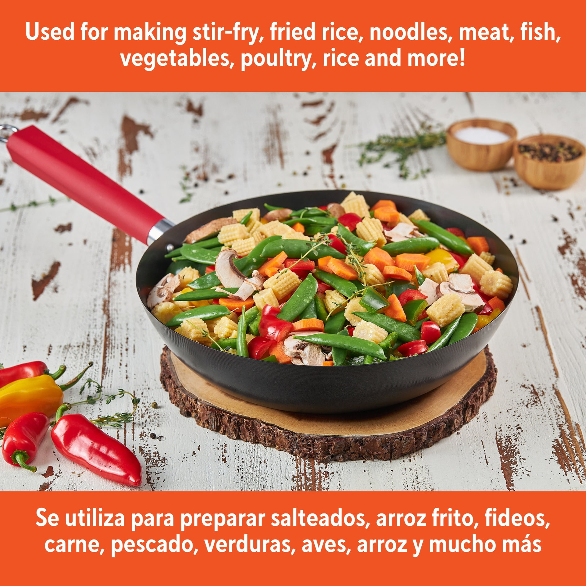 IMUSA 12in Carbon Steel Nonstick Wok with Red Soft Touch Handle, Black