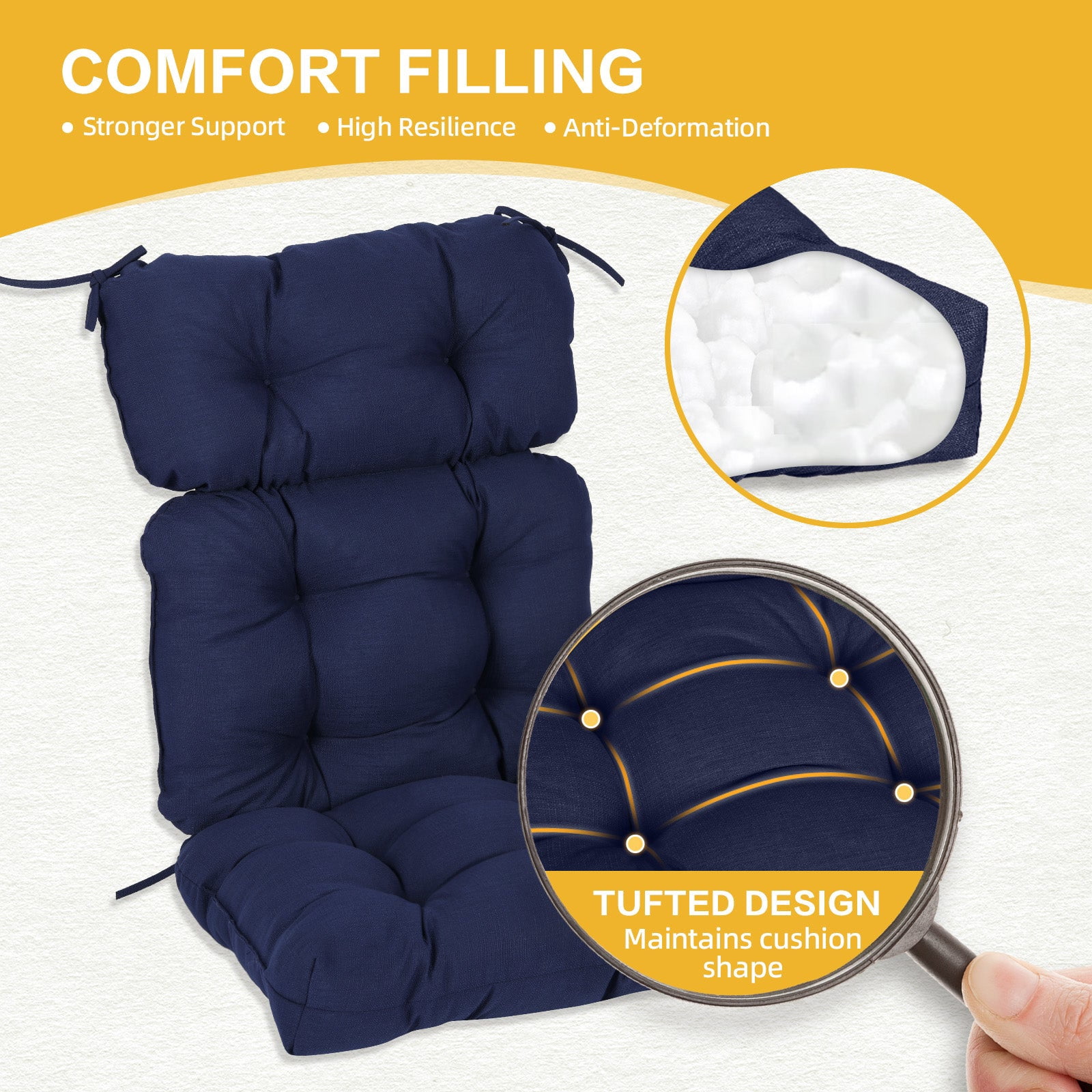 BPS Outdoor Chair Cushions, 45x22x5 Inch High Back Patio Dining Seat Cushion, Tufted Pads Set of 2, Dark Blue