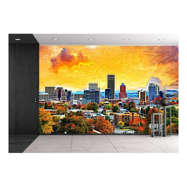 Wall26 Portland Oregon Downtown City During Sunset in the Fall Season  Abtract Painting - Removable Wall Mural | Self-adhesive Large Wallpaper -  66x96 inches 