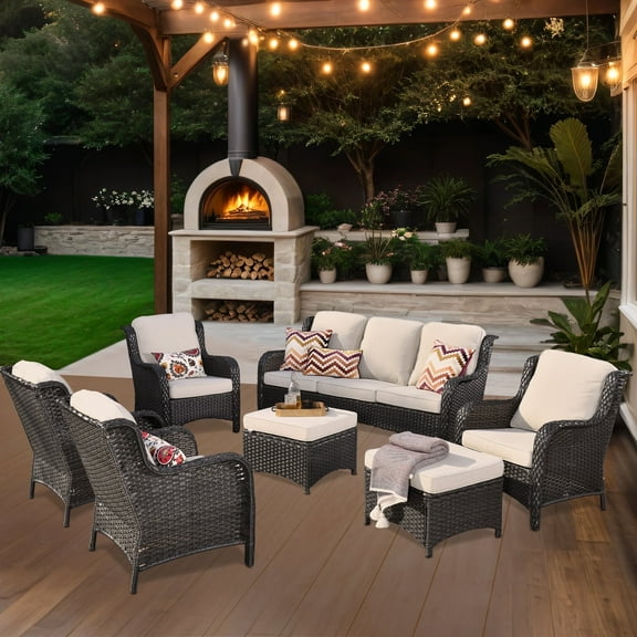 Ovios Outdoor Patio Furniture 7 Piece All Weather Wicker Outdoor Sectional Sofa Couch Modern High Back Patio Conversation Set with Ottoman for Balcony