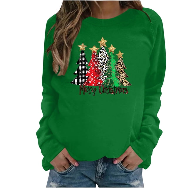 lcziwo Chandails de Noël Mignons pour Femmes, Col Rond Décontracté, Coupe Ample, Chandails à Enfiler, Manches Longues, Imprimé Drôle d'Arbre de Noël, Chandail pour Femmes, Vert Armée, TTG
