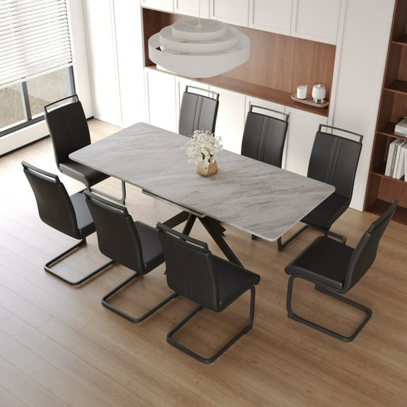 78.15'' Extendable Dining Table Set for 6-8 Persons with 6 Soft Padded Armless Chairs and Metal Legs