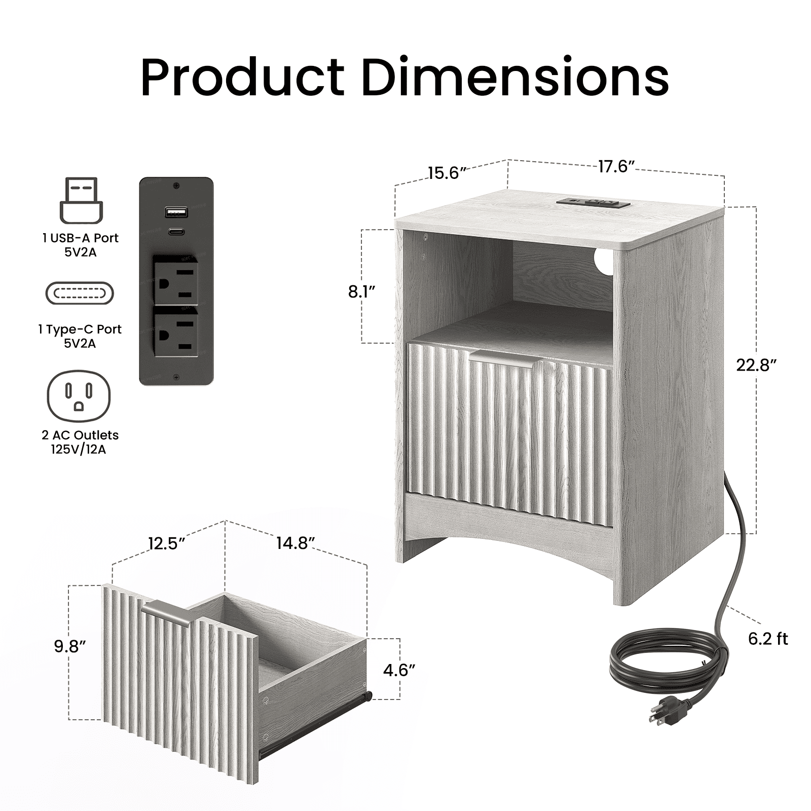 CHITOOMA Fluted Nightstand Set of 2 with Charging Station, Wood Bedside Table with Drawer & Open Shelf, Small End Table for Bedroom Living Room, Gray