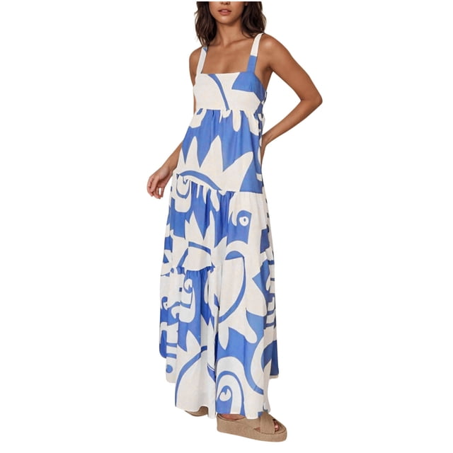 Vestido de Verano para las Mujeres, Impresión de Moda sin Mangas, Vestido de Eslinga Ajustable Fuera Del Hombro