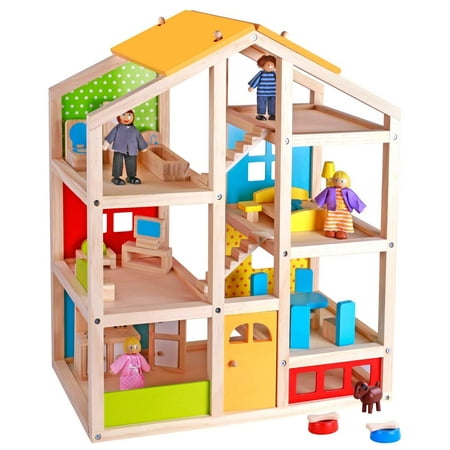 Pidoko Kids Skylar Dollhouse with 20 Pcs Furniture, 5 Dolls and a Pet