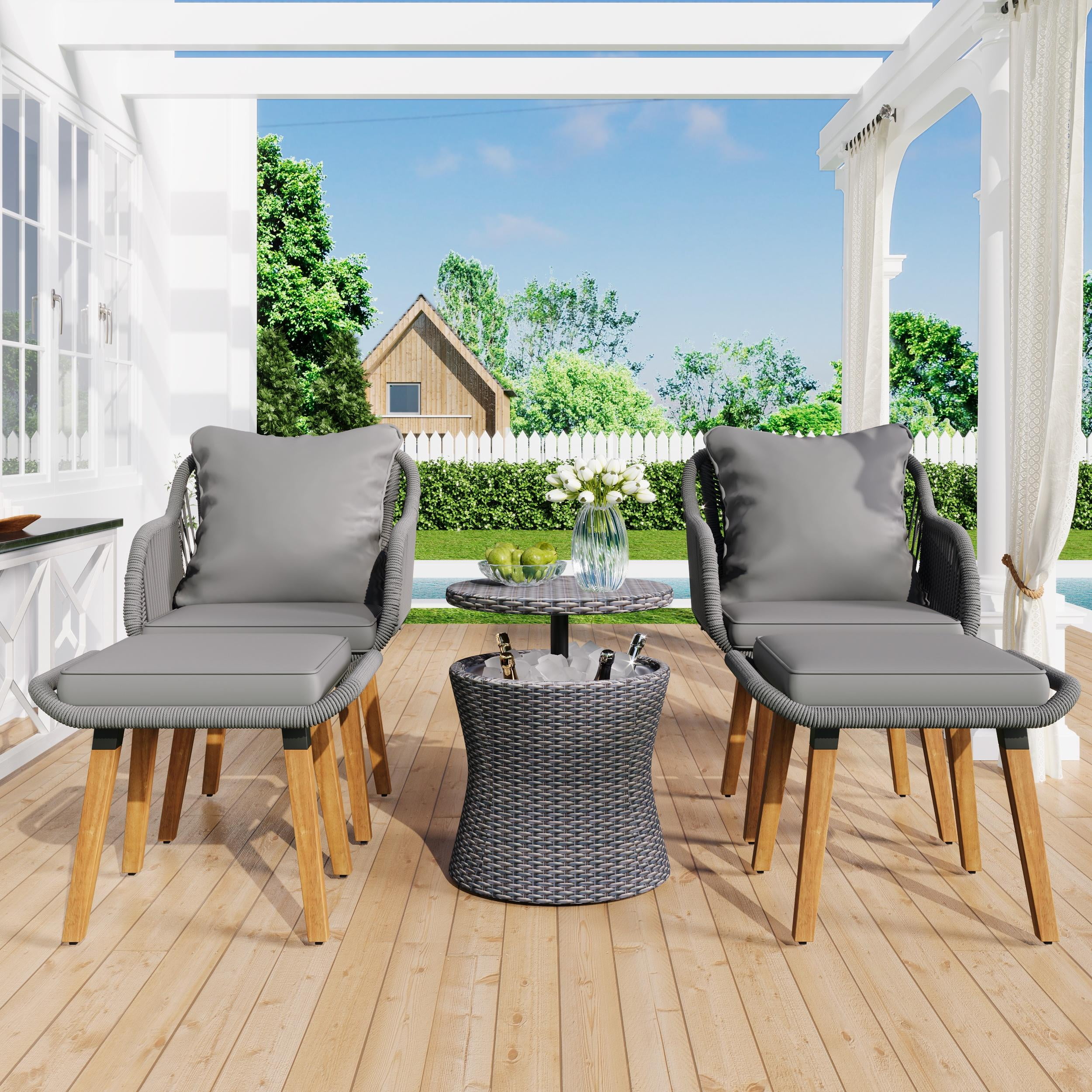 5 Piece Wicker Patio Furniture Set, Rattan Patio Chair Set with Ottoman and Wicker Cool Bar Table, Outdoor Furniture Set with Gray Seat Cushion for Garden, Backyard, Porch, Balcony, Poolside