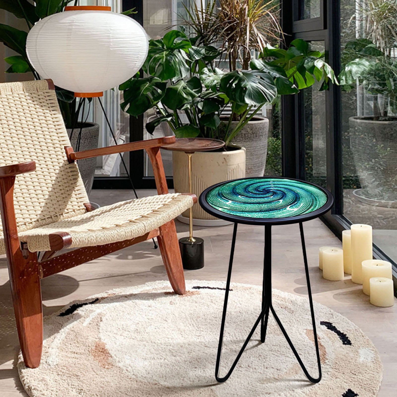 Liffy Green Glass Side Table - 20" Height Vortex Metal End Table with Plant Stand for Living Room, Balcony, Porch
