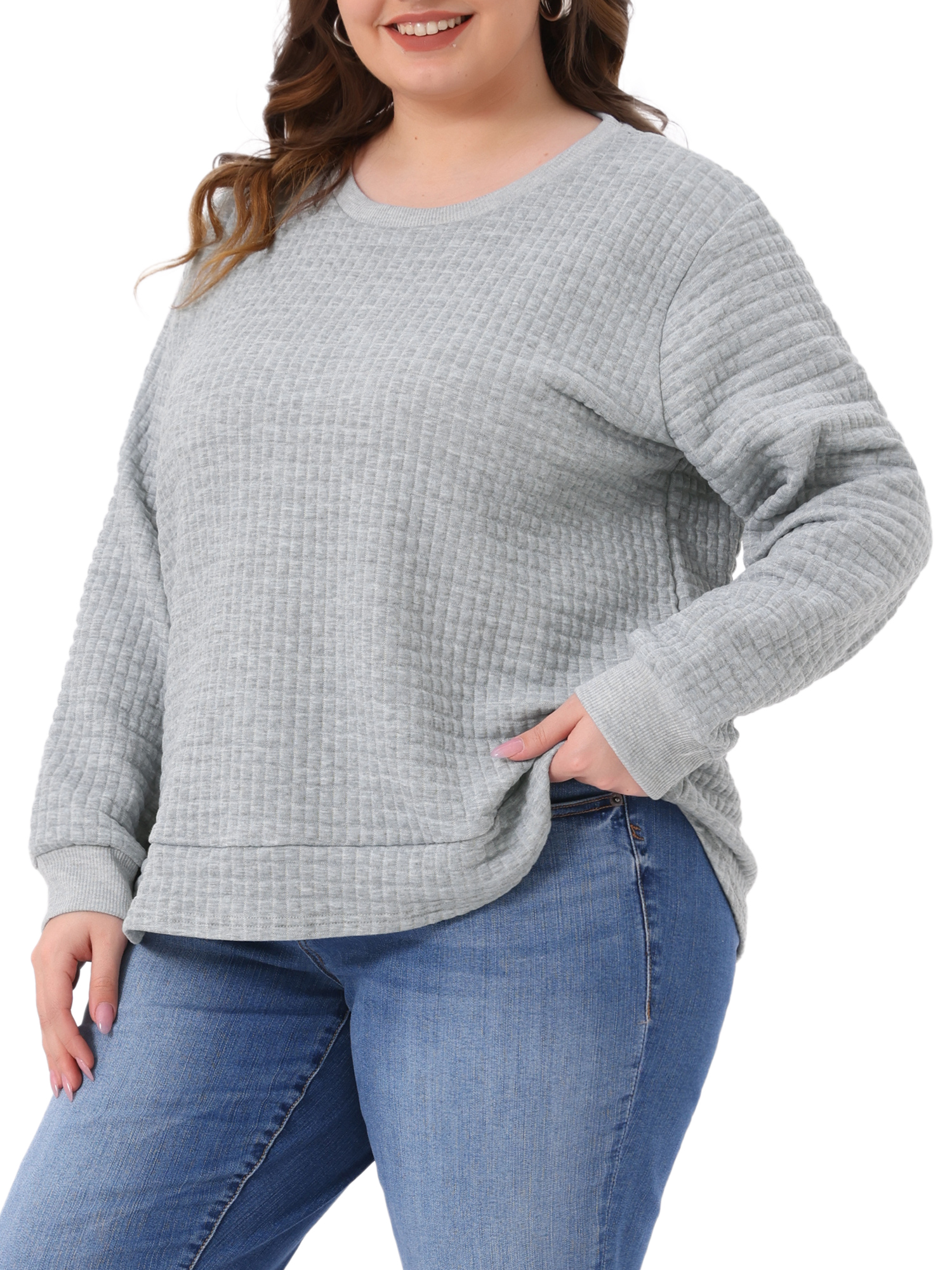 DARING DIVA Women's Plus Round Neck Long Sleeve Casual Pullover Blouse 4X Silver Gray