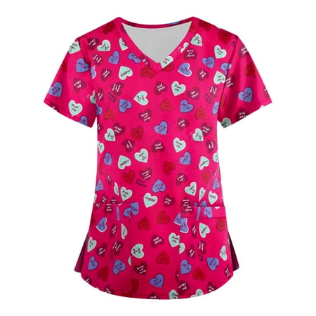 

Sksloeg Scrubs for Women Tops V-Neck Tops Heart Printed Fashion Scrub Clothes Women Scrubs Tops Hot Pink S