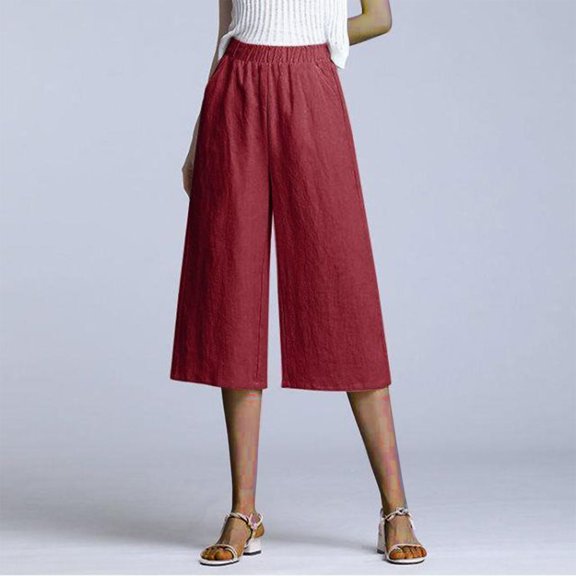 Wiyuqeen Women's Wide Leg Lounge Capri Pants Pockets Casual Lightweight Elastic High Waist Cropped Trousers Ladies Loose Flowy Solid Cotton Linen Slacks