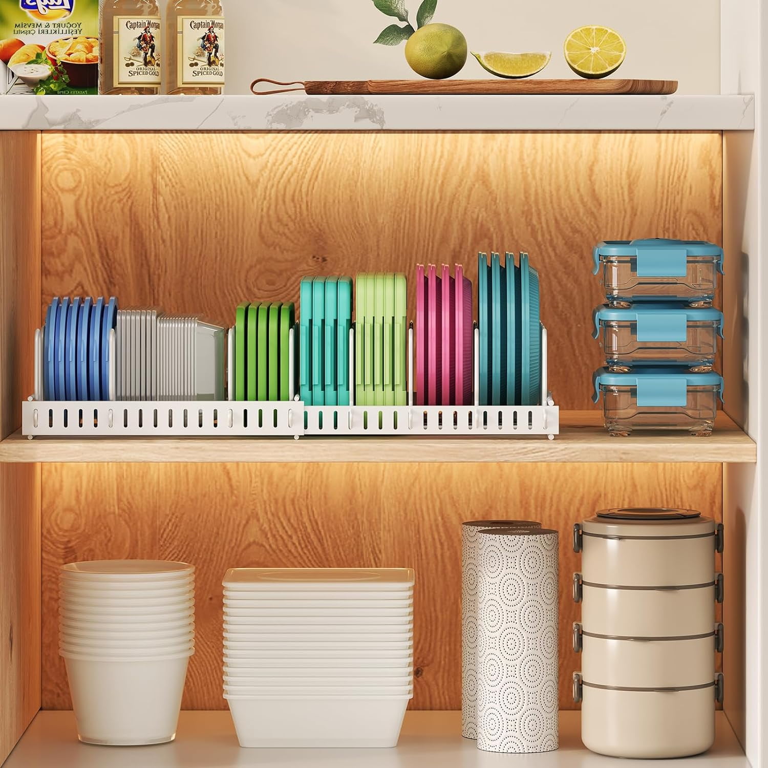 XCOSRACK Expandable Food Container Lid Organizer for Drawers & Cabinets, Heavy Duty Carbon Steel Storage Rack with 10 Adjustable Dividers, U-Shaped Slots Keep Lids Upright
