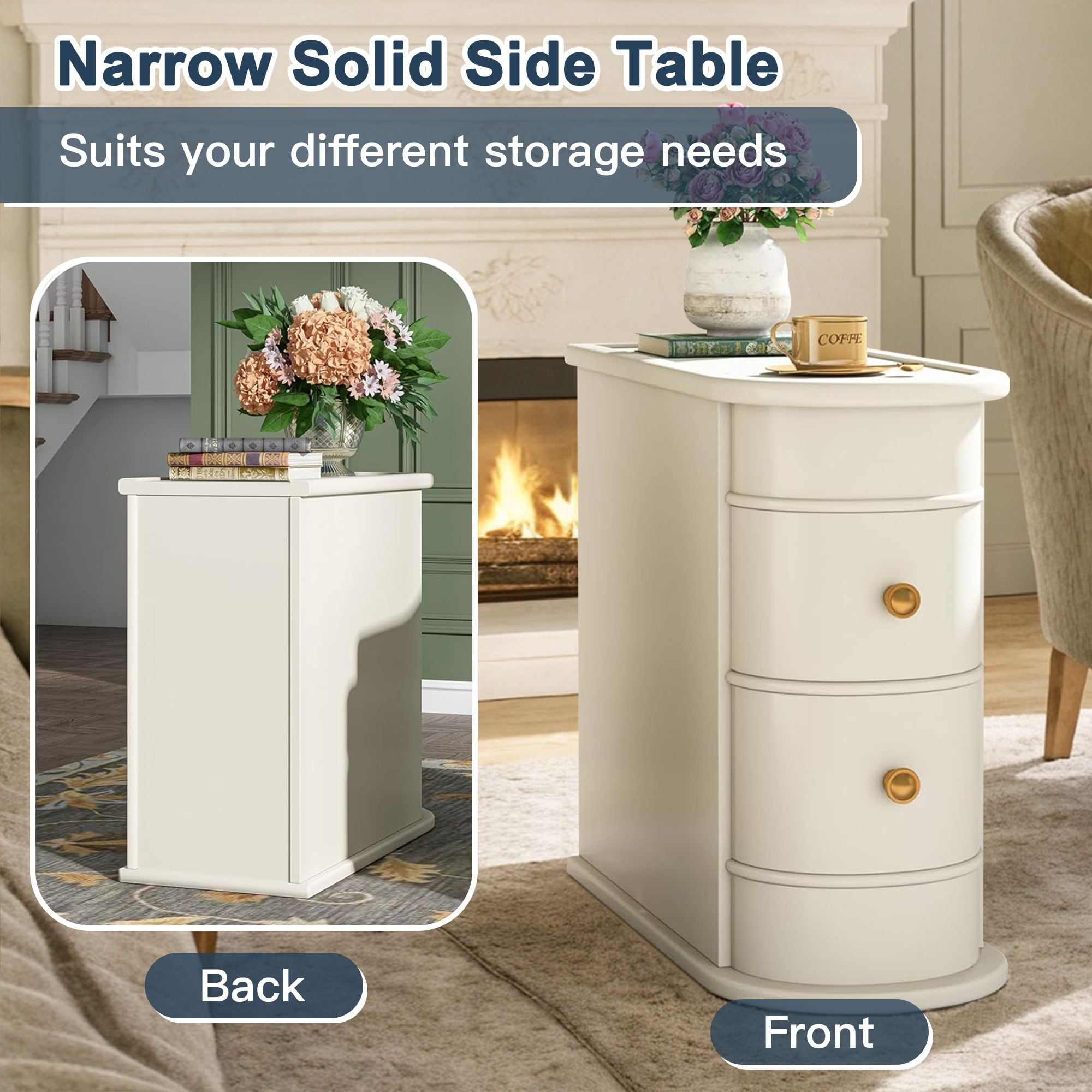 Demi Bonn Narrow Side Table with 2 Drawers, Wood Side End Table, Nightstand and Bedside Table with Storage, for Small Spaces, White