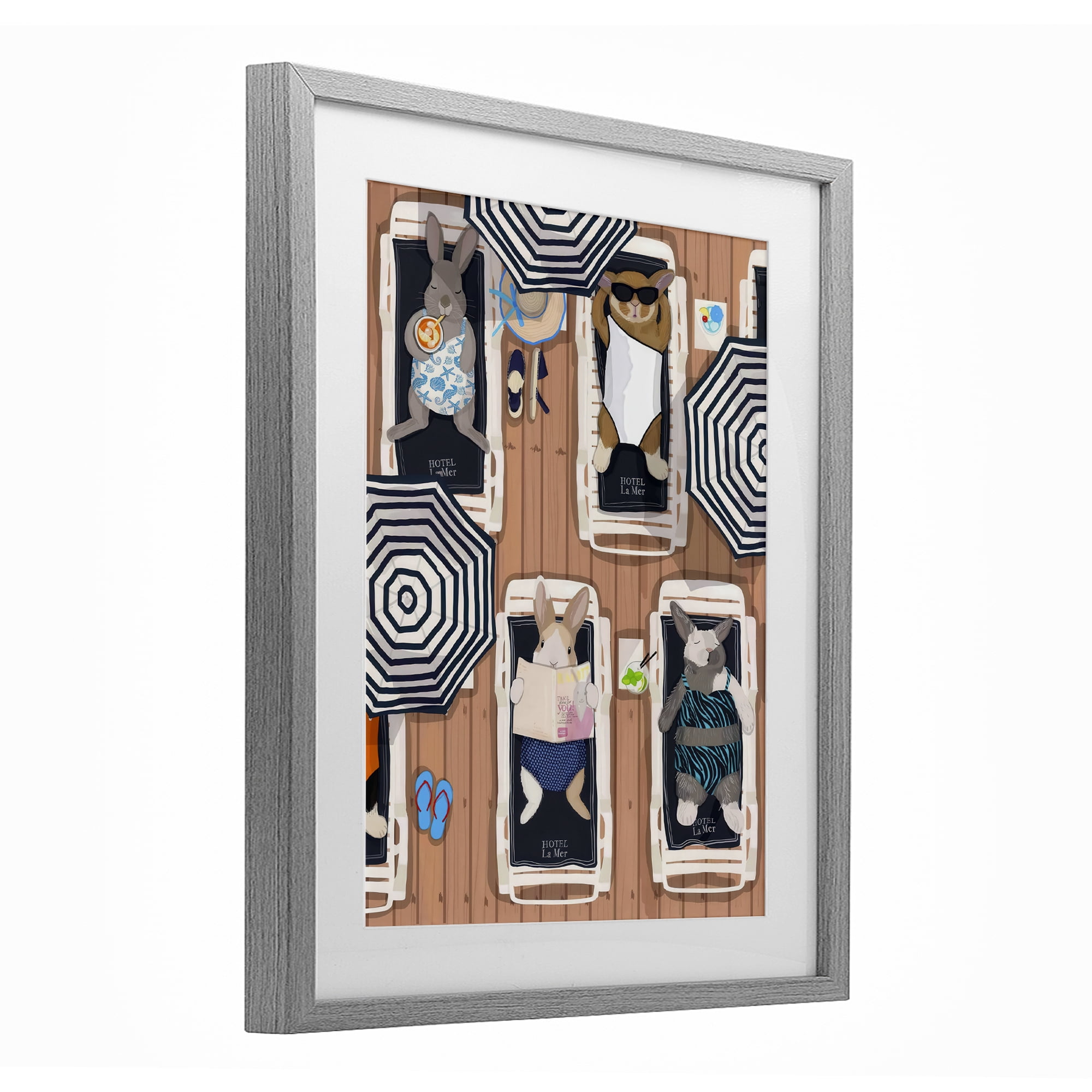 Stupell Industries Rabbits at Hotel La Mer Gray Framed Print Under Glass, design by Hanna Melin